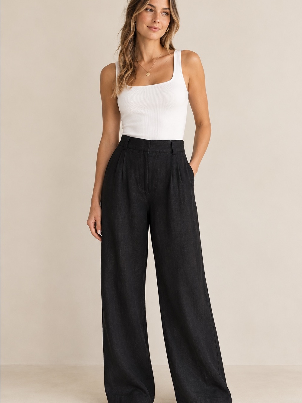 Abercrombie High-Waist Wide Leg Linen Pants in Black